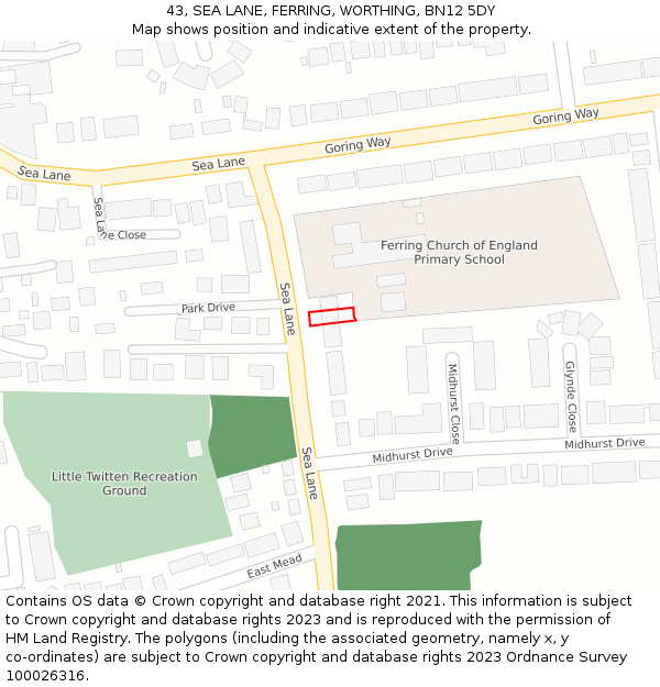 43, SEA LANE, FERRING, WORTHING, BN12 5DY: Location map and indicative extent of plot