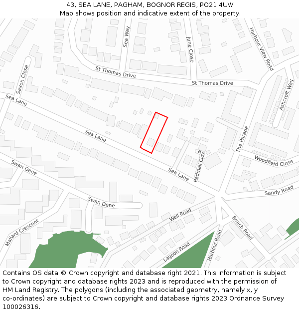 43, SEA LANE, PAGHAM, BOGNOR REGIS, PO21 4UW: Location map and indicative extent of plot