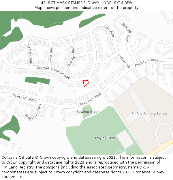 43, SGT MARK STANSFIELD WAY, HYDE, SK14 3FW: Location map and indicative extent of plot
