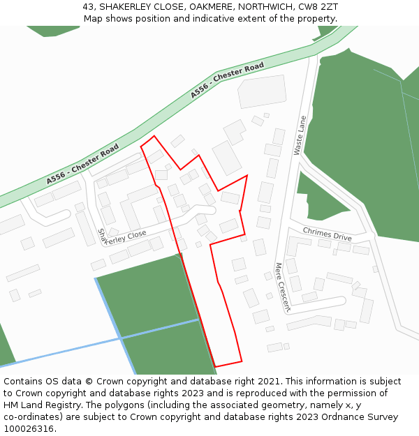 43, SHAKERLEY CLOSE, OAKMERE, NORTHWICH, CW8 2ZT: Location map and indicative extent of plot