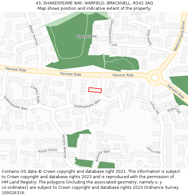 43, SHAKESPEARE WAY, WARFIELD, BRACKNELL, RG42 3AQ: Location map and indicative extent of plot