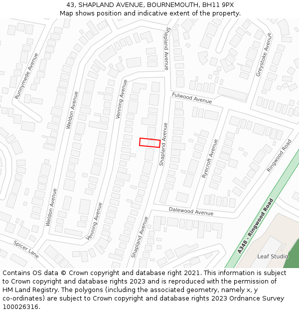 43, SHAPLAND AVENUE, BOURNEMOUTH, BH11 9PX: Location map and indicative extent of plot