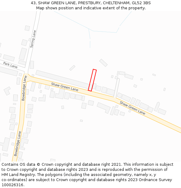 43, SHAW GREEN LANE, PRESTBURY, CHELTENHAM, GL52 3BS: Location map and indicative extent of plot