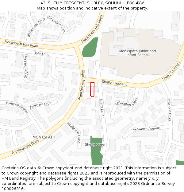 43, SHELLY CRESCENT, SHIRLEY, SOLIHULL, B90 4YW: Location map and indicative extent of plot