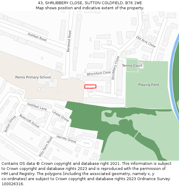 43, SHRUBBERY CLOSE, SUTTON COLDFIELD, B76 1WE: Location map and indicative extent of plot