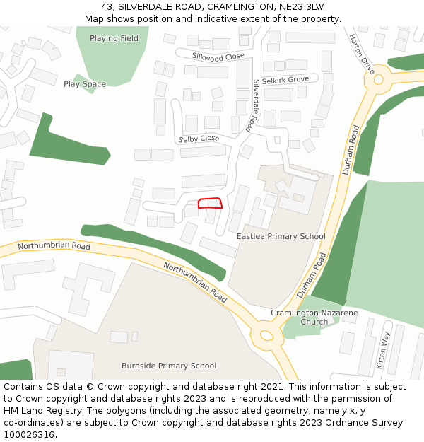 43, SILVERDALE ROAD, CRAMLINGTON, NE23 3LW: Location map and indicative extent of plot