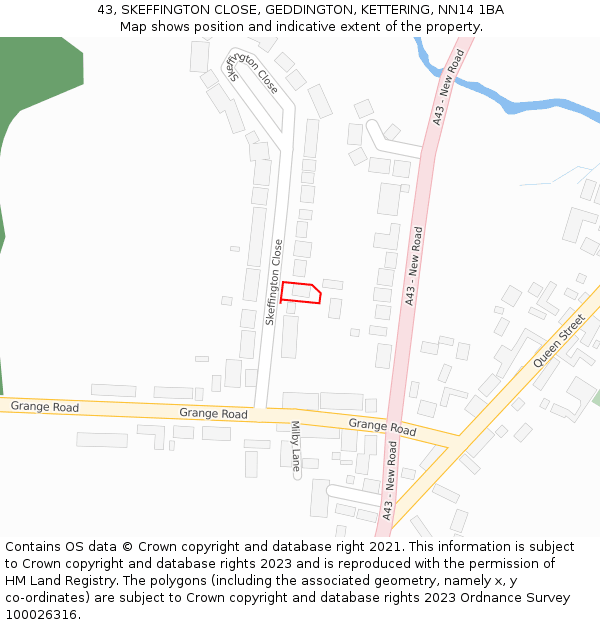 43, SKEFFINGTON CLOSE, GEDDINGTON, KETTERING, NN14 1BA: Location map and indicative extent of plot