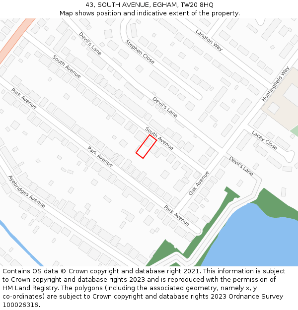 43, SOUTH AVENUE, EGHAM, TW20 8HQ: Location map and indicative extent of plot