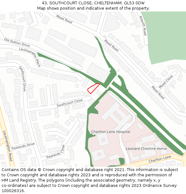 43, SOUTHCOURT CLOSE, CHELTENHAM, GL53 0DW: Location map and indicative extent of plot