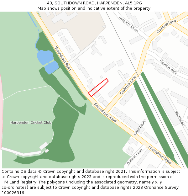 43, SOUTHDOWN ROAD, HARPENDEN, AL5 1PG: Location map and indicative extent of plot