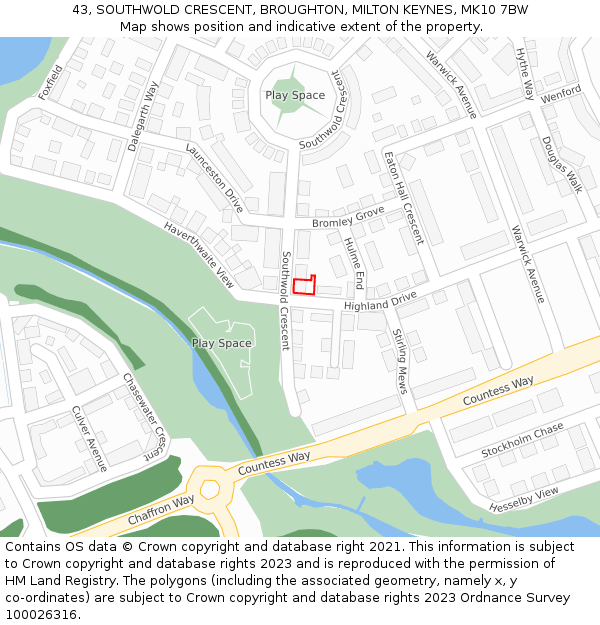 43, SOUTHWOLD CRESCENT, BROUGHTON, MILTON KEYNES, MK10 7BW: Location map and indicative extent of plot