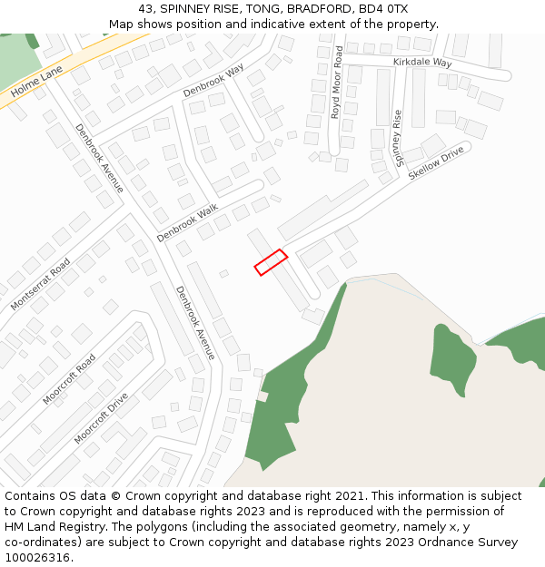 43, SPINNEY RISE, TONG, BRADFORD, BD4 0TX: Location map and indicative extent of plot