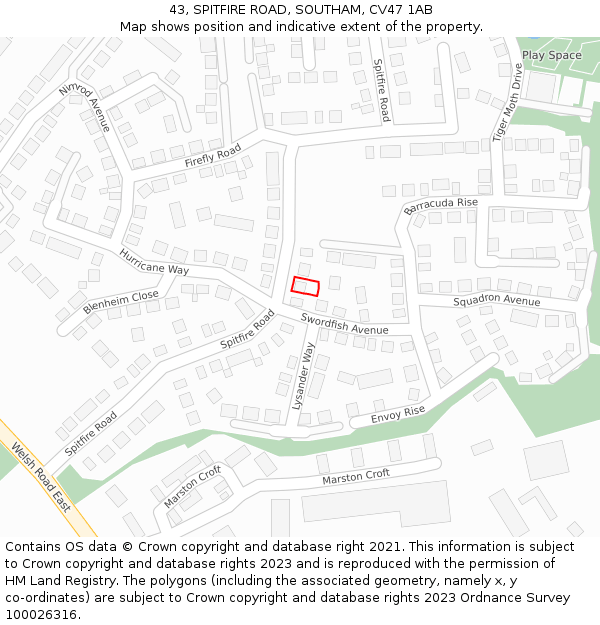 43, SPITFIRE ROAD, SOUTHAM, CV47 1AB: Location map and indicative extent of plot