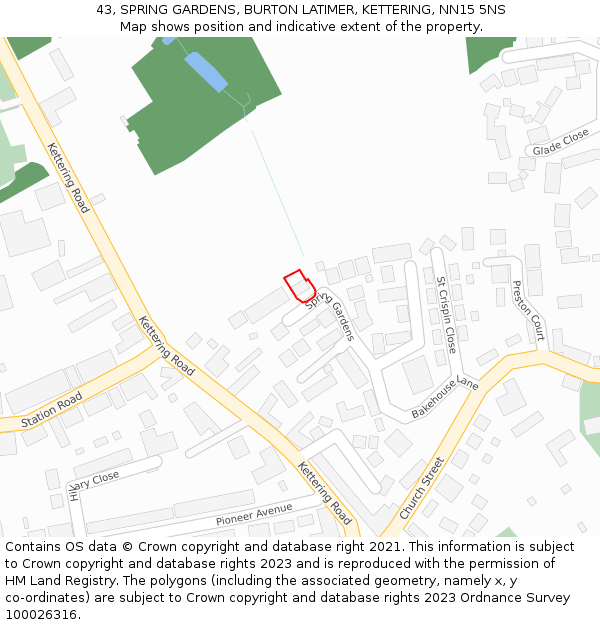 43, SPRING GARDENS, BURTON LATIMER, KETTERING, NN15 5NS: Location map and indicative extent of plot