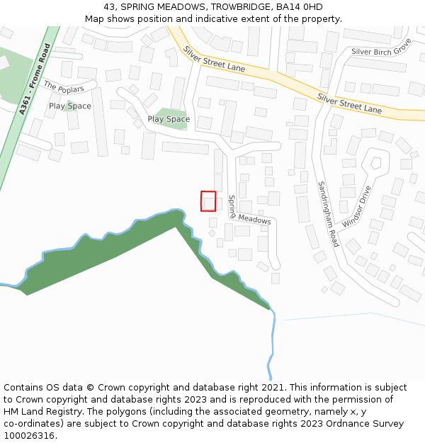43, SPRING MEADOWS, TROWBRIDGE, BA14 0HD: Location map and indicative extent of plot