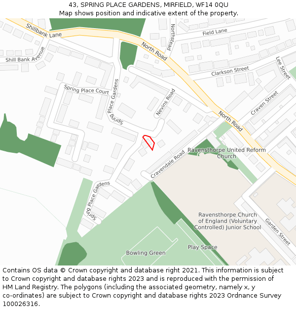 43, SPRING PLACE GARDENS, MIRFIELD, WF14 0QU: Location map and indicative extent of plot