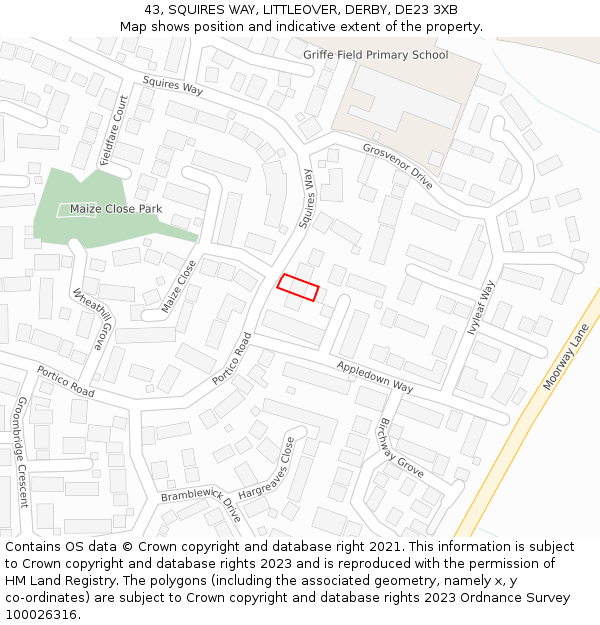 43, SQUIRES WAY, LITTLEOVER, DERBY, DE23 3XB: Location map and indicative extent of plot