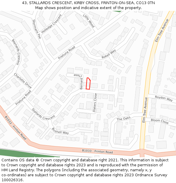 43, STALLARDS CRESCENT, KIRBY CROSS, FRINTON-ON-SEA, CO13 0TN: Location map and indicative extent of plot