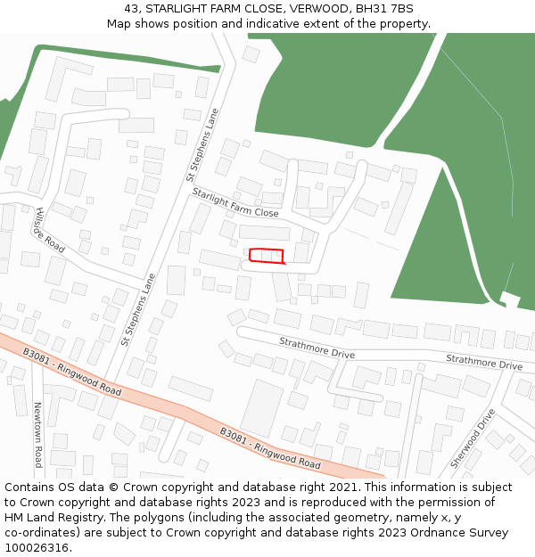 43, STARLIGHT FARM CLOSE, VERWOOD, BH31 7BS: Location map and indicative extent of plot