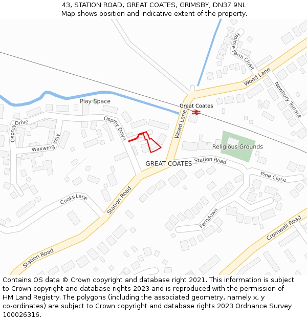 43, STATION ROAD, GREAT COATES, GRIMSBY, DN37 9NL: Location map and indicative extent of plot