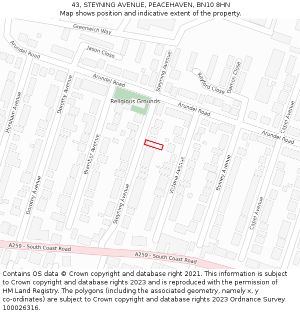 43, STEYNING AVENUE, PEACEHAVEN, BN10 8HN: Location map and indicative extent of plot