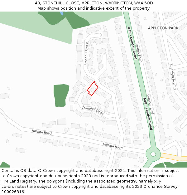 43, STONEHILL CLOSE, APPLETON, WARRINGTON, WA4 5QD: Location map and indicative extent of plot