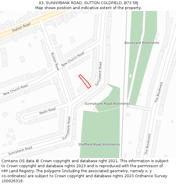 43, SUNNYBANK ROAD, SUTTON COLDFIELD, B73 5RJ: Location map and indicative extent of plot