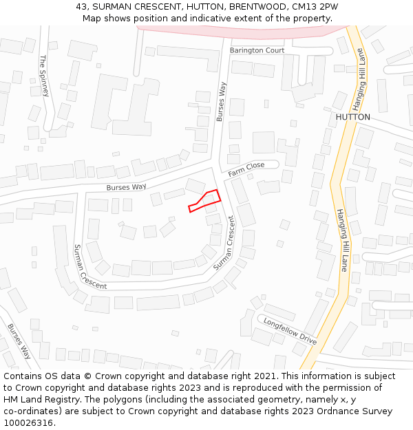 43, SURMAN CRESCENT, HUTTON, BRENTWOOD, CM13 2PW: Location map and indicative extent of plot