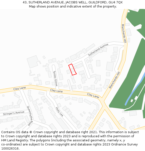 43, SUTHERLAND AVENUE, JACOBS WELL, GUILDFORD, GU4 7QX: Location map and indicative extent of plot
