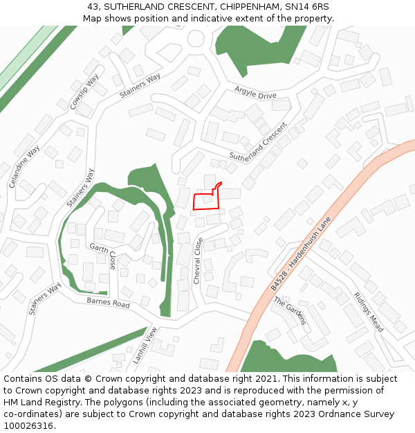 43, SUTHERLAND CRESCENT, CHIPPENHAM, SN14 6RS: Location map and indicative extent of plot