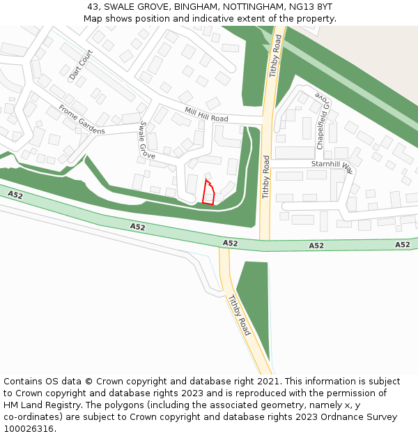 43, SWALE GROVE, BINGHAM, NOTTINGHAM, NG13 8YT: Location map and indicative extent of plot