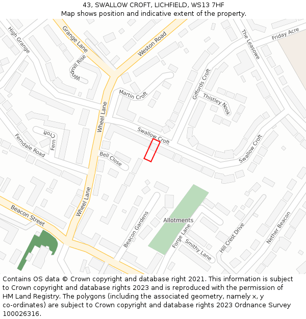 43, SWALLOW CROFT, LICHFIELD, WS13 7HF: Location map and indicative extent of plot