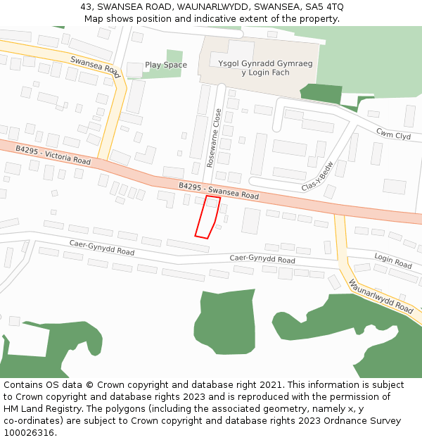 43, SWANSEA ROAD, WAUNARLWYDD, SWANSEA, SA5 4TQ: Location map and indicative extent of plot