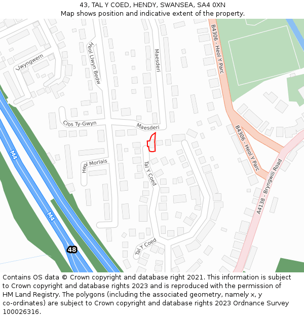 43, TAL Y COED, HENDY, SWANSEA, SA4 0XN: Location map and indicative extent of plot