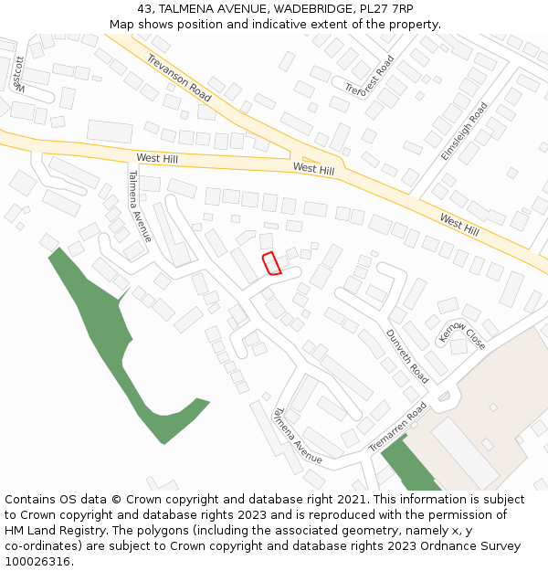 43, TALMENA AVENUE, WADEBRIDGE, PL27 7RP: Location map and indicative extent of plot