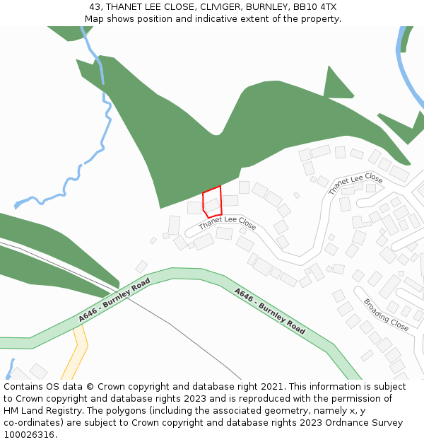 43, THANET LEE CLOSE, CLIVIGER, BURNLEY, BB10 4TX: Location map and indicative extent of plot