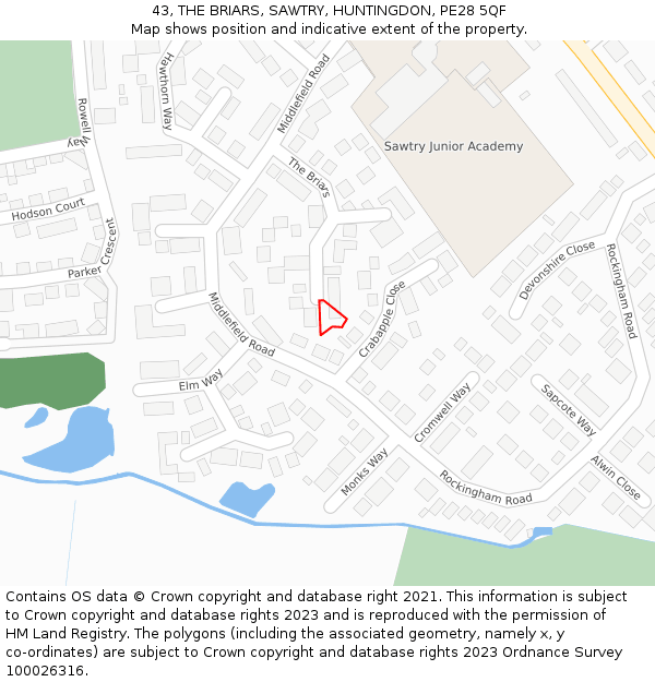 43, THE BRIARS, SAWTRY, HUNTINGDON, PE28 5QF: Location map and indicative extent of plot