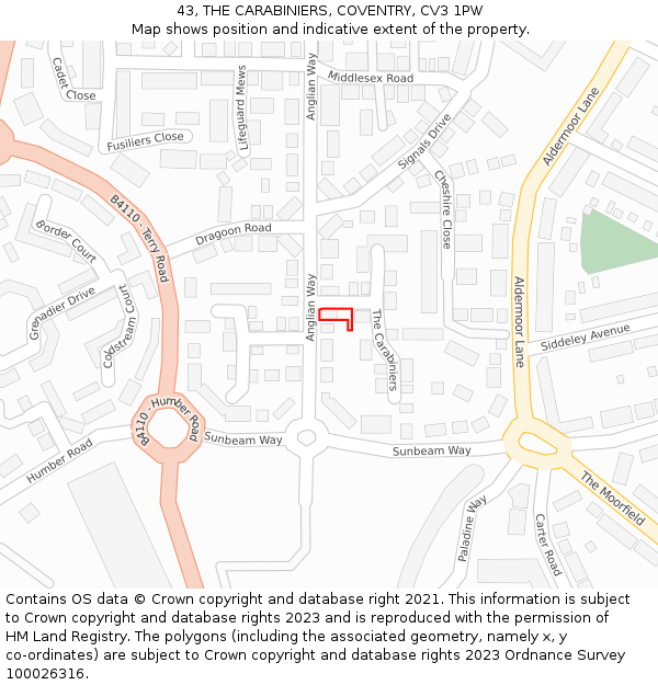 43, THE CARABINIERS, COVENTRY, CV3 1PW: Location map and indicative extent of plot