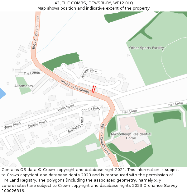43, THE COMBS, DEWSBURY, WF12 0LQ: Location map and indicative extent of plot