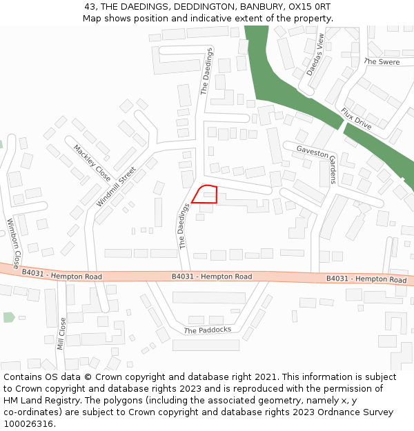 43, THE DAEDINGS, DEDDINGTON, BANBURY, OX15 0RT: Location map and indicative extent of plot