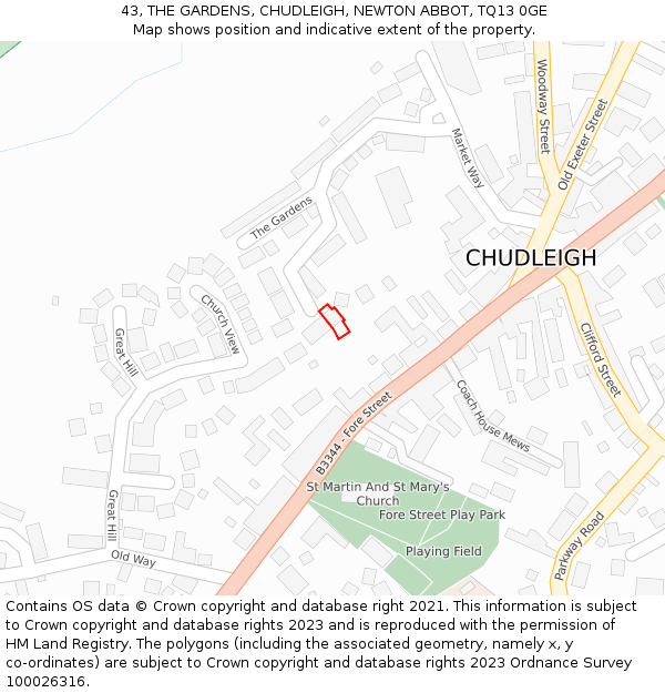 43, THE GARDENS, CHUDLEIGH, NEWTON ABBOT, TQ13 0GE: Location map and indicative extent of plot