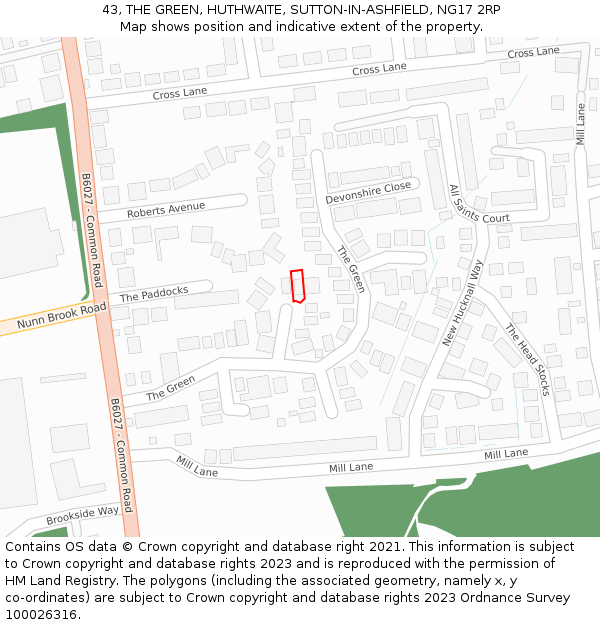 43, THE GREEN, HUTHWAITE, SUTTON-IN-ASHFIELD, NG17 2RP: Location map and indicative extent of plot