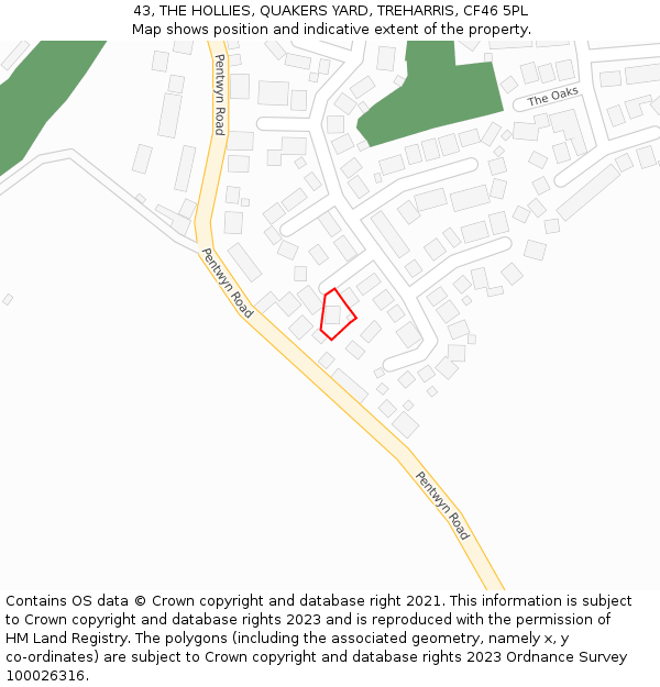 43, THE HOLLIES, QUAKERS YARD, TREHARRIS, CF46 5PL: Location map and indicative extent of plot