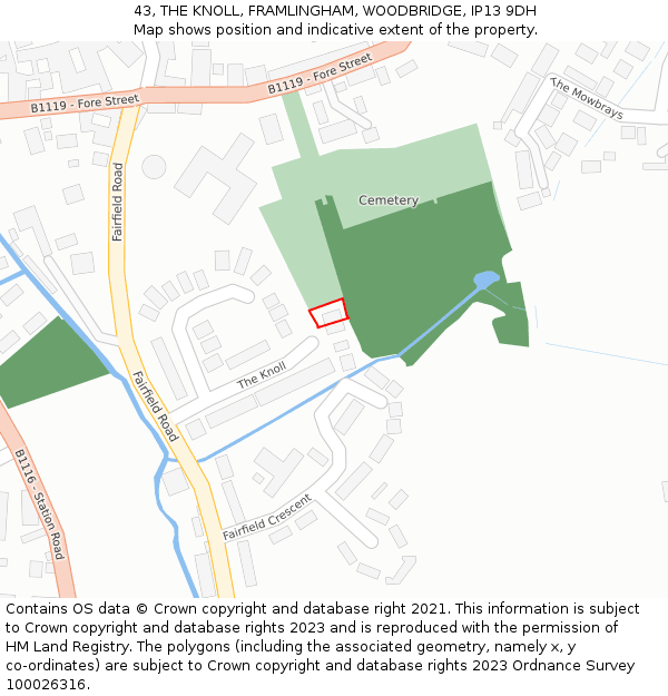 43, THE KNOLL, FRAMLINGHAM, WOODBRIDGE, IP13 9DH: Location map and indicative extent of plot