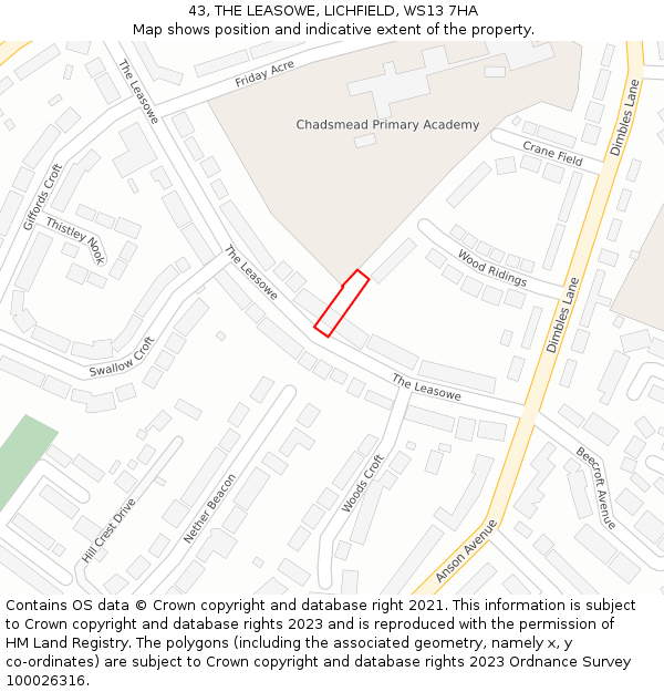 43, THE LEASOWE, LICHFIELD, WS13 7HA: Location map and indicative extent of plot