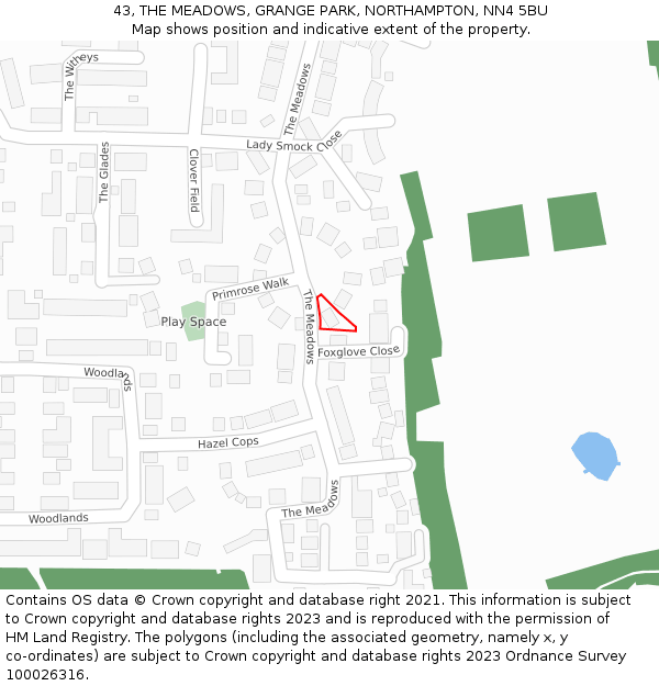 43, THE MEADOWS, GRANGE PARK, NORTHAMPTON, NN4 5BU: Location map and indicative extent of plot