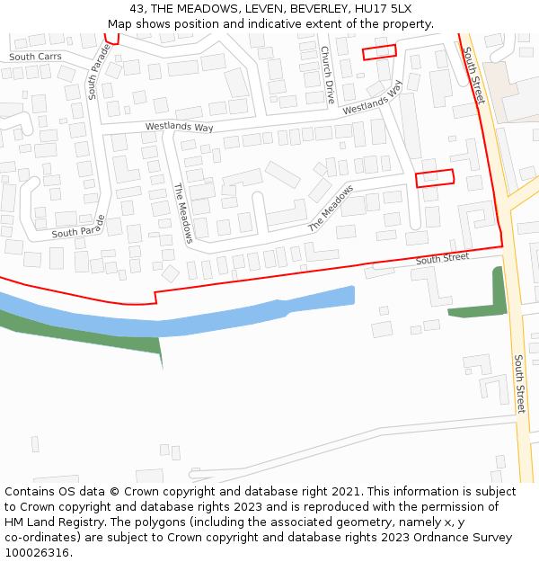 43, THE MEADOWS, LEVEN, BEVERLEY, HU17 5LX: Location map and indicative extent of plot