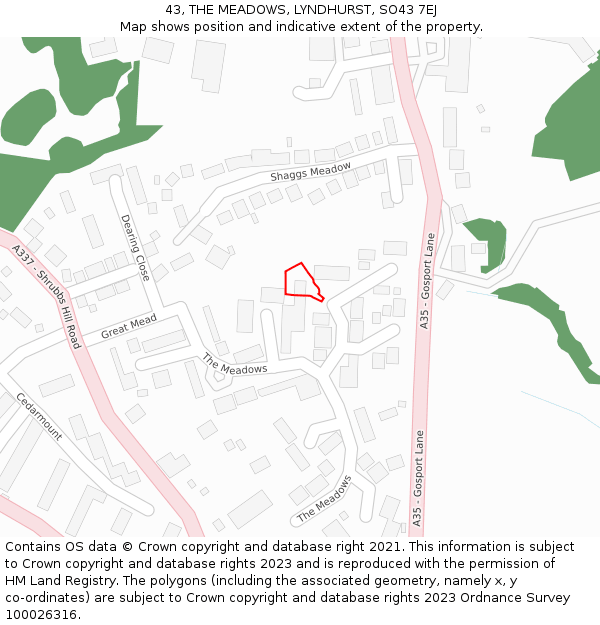 43, THE MEADOWS, LYNDHURST, SO43 7EJ: Location map and indicative extent of plot