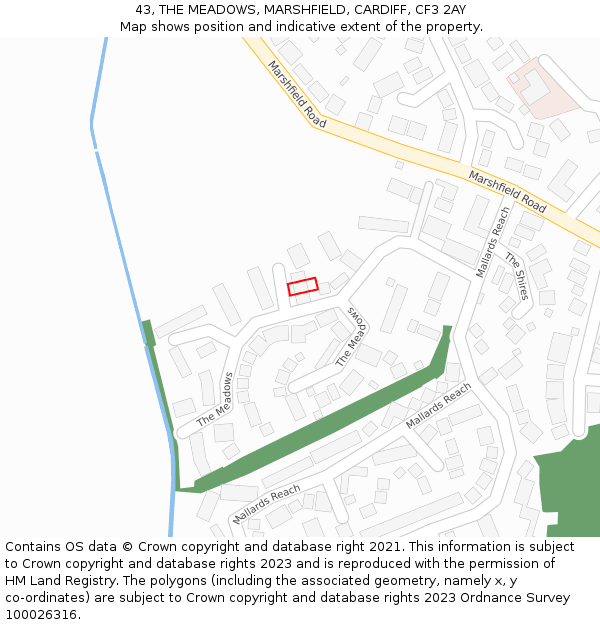 43, THE MEADOWS, MARSHFIELD, CARDIFF, CF3 2AY: Location map and indicative extent of plot