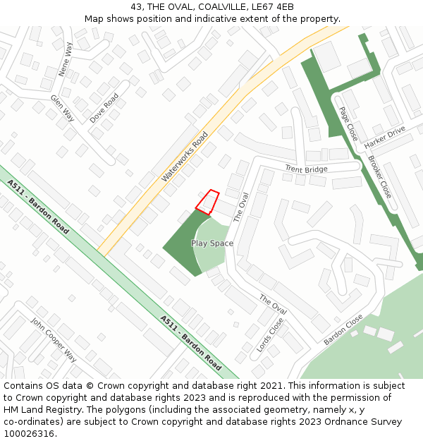 43, THE OVAL, COALVILLE, LE67 4EB: Location map and indicative extent of plot